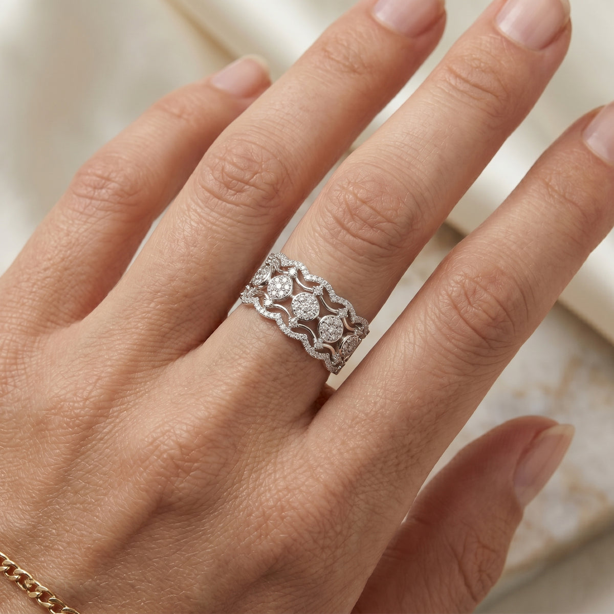 Round Diamond Wide Filigree Pavé Anniversary Band — lifestyle