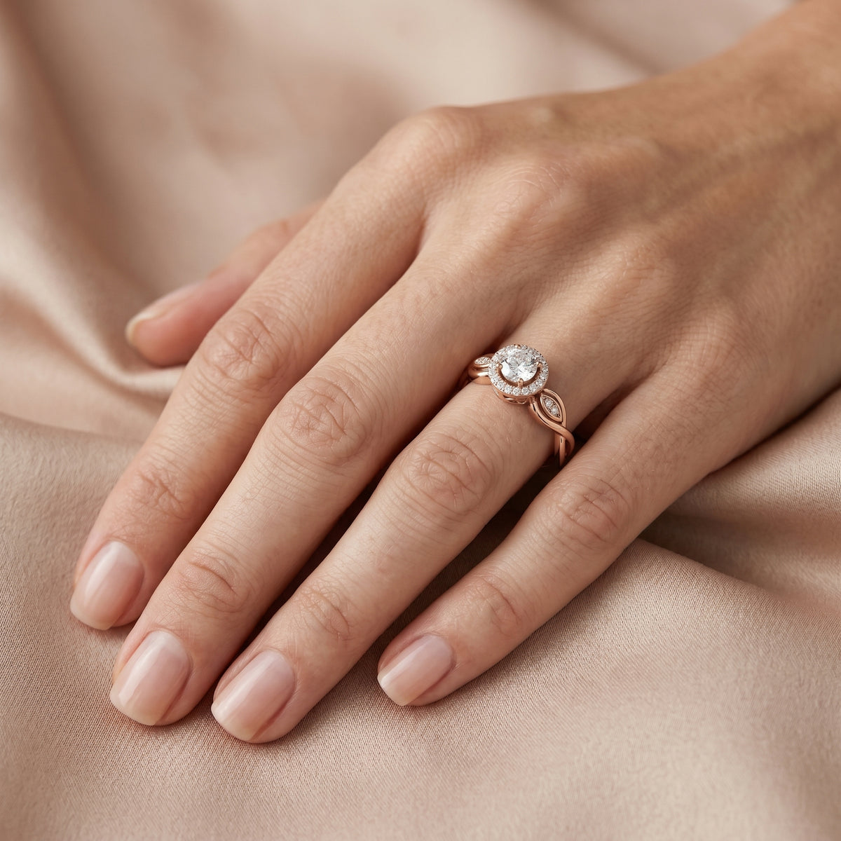 Round Diamond Halo Engagement Ring with Scrollwork Shank — lifestyle