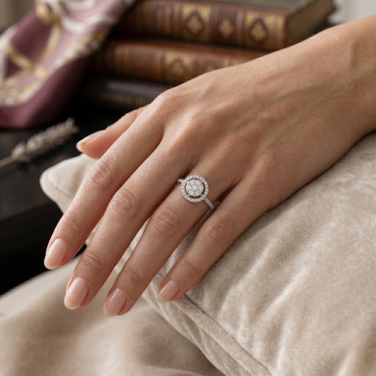 Round Diamond Constellation Cluster Halo Engagement Ring with Split Shank Pavé Band — lifestyle