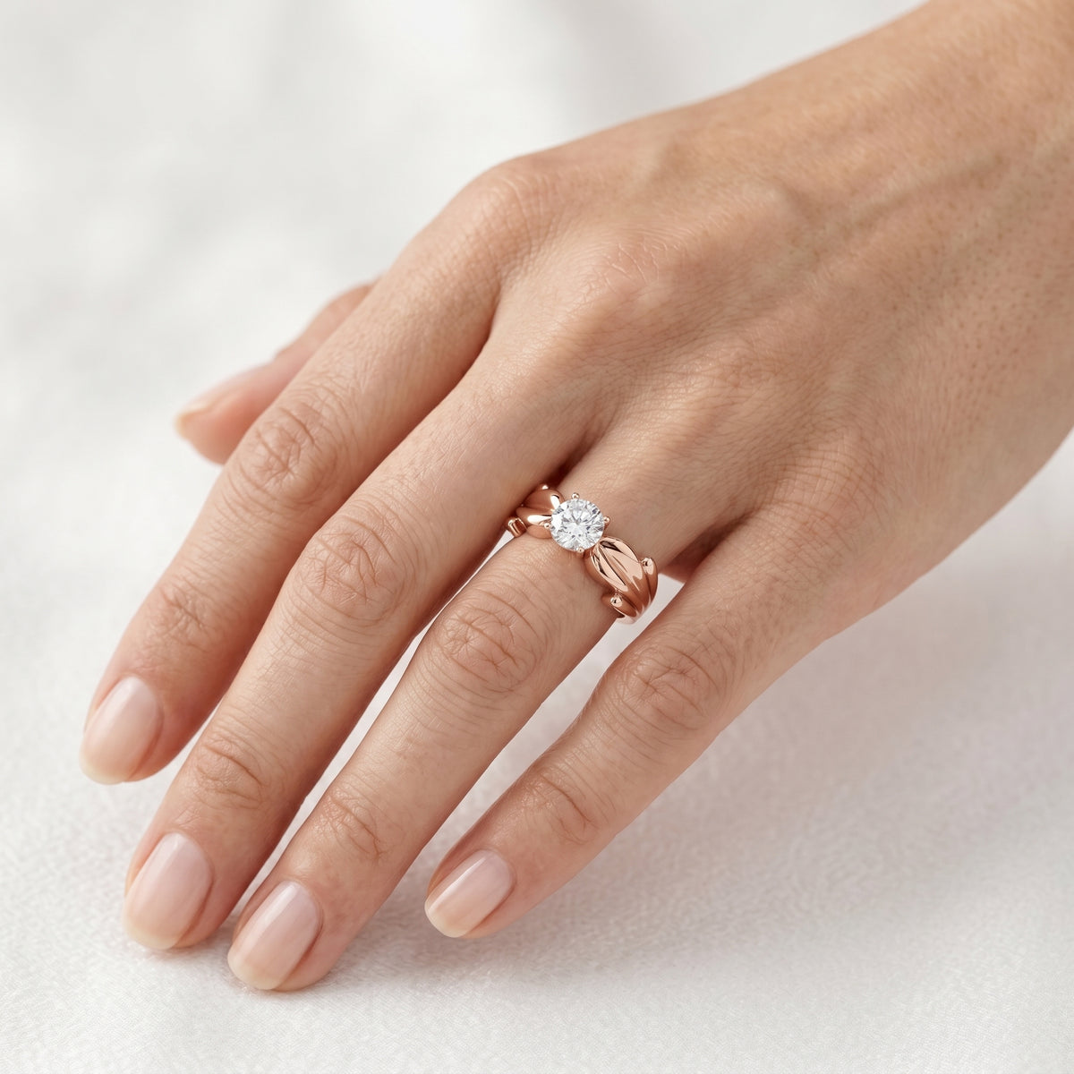 Round Diamond Solitaire Engagement Ring with Knot Detail Wide Band — lifestyle