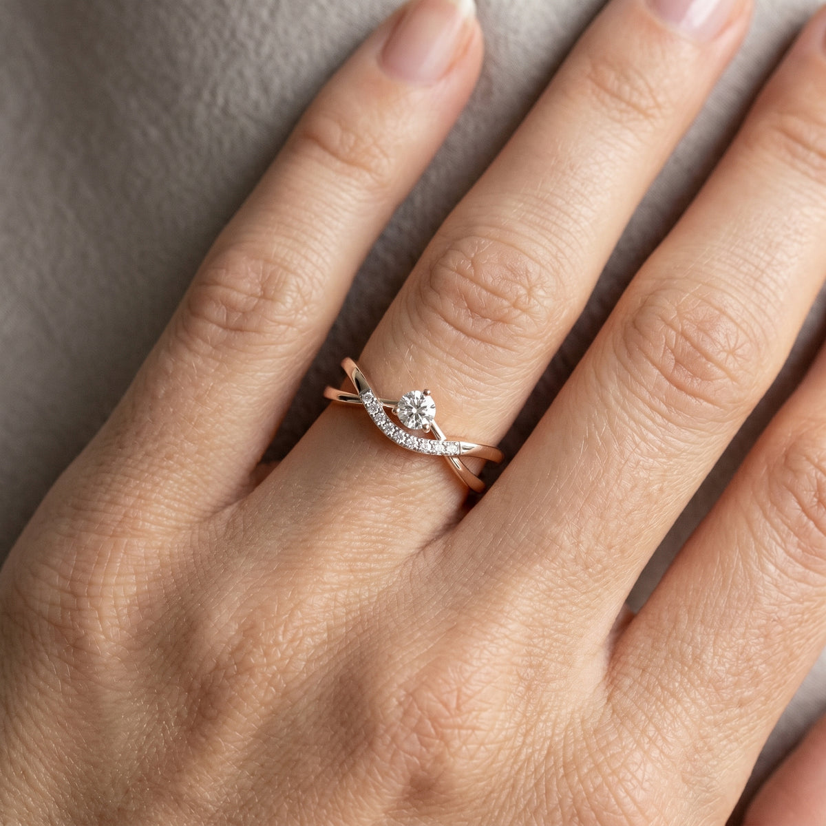 Round Diamond Engagement Ring with Pavé Chevron Bypass Shank — lifestyle