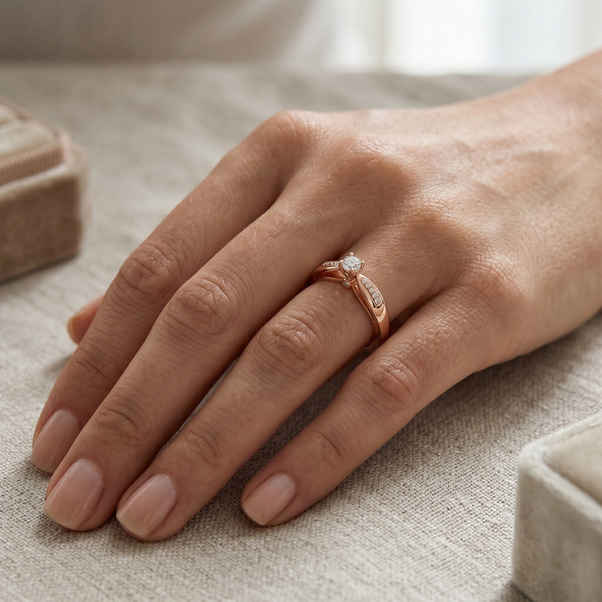 Round Diamond Engagement Ring with Pavé Chevron Bypass Shank — lifestyle