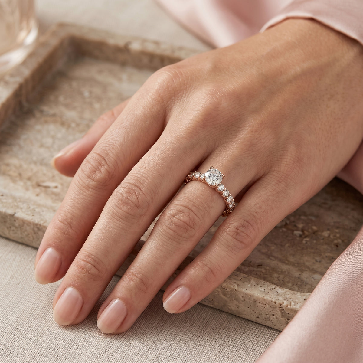 Round Diamond Engagement Ring with Spaced Pavé Side Accents and Hidden Halo — lifestyle