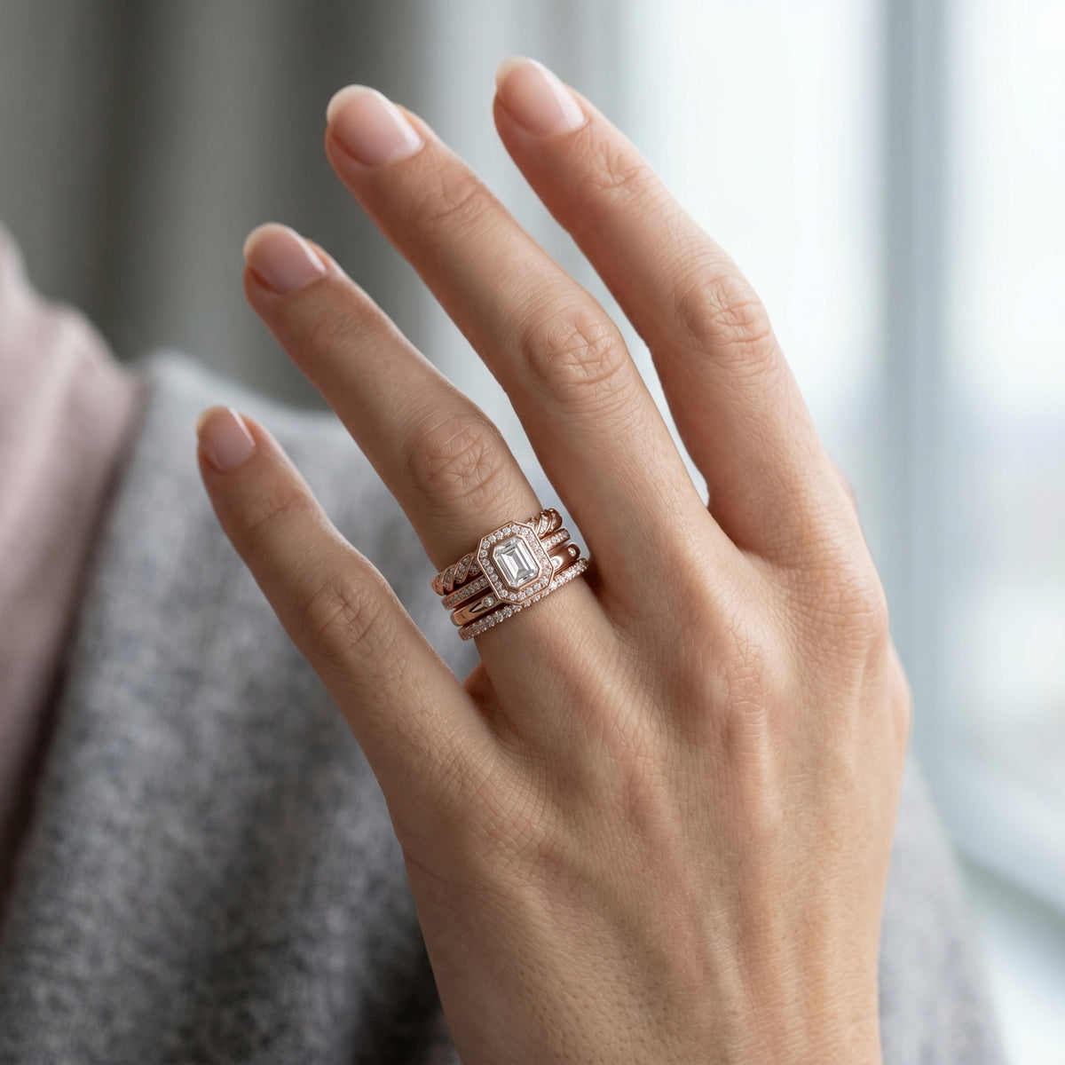 Emerald Cut Halo Engagement Ring with Stacked Multi-Band Pavé Wrap — lifestyle