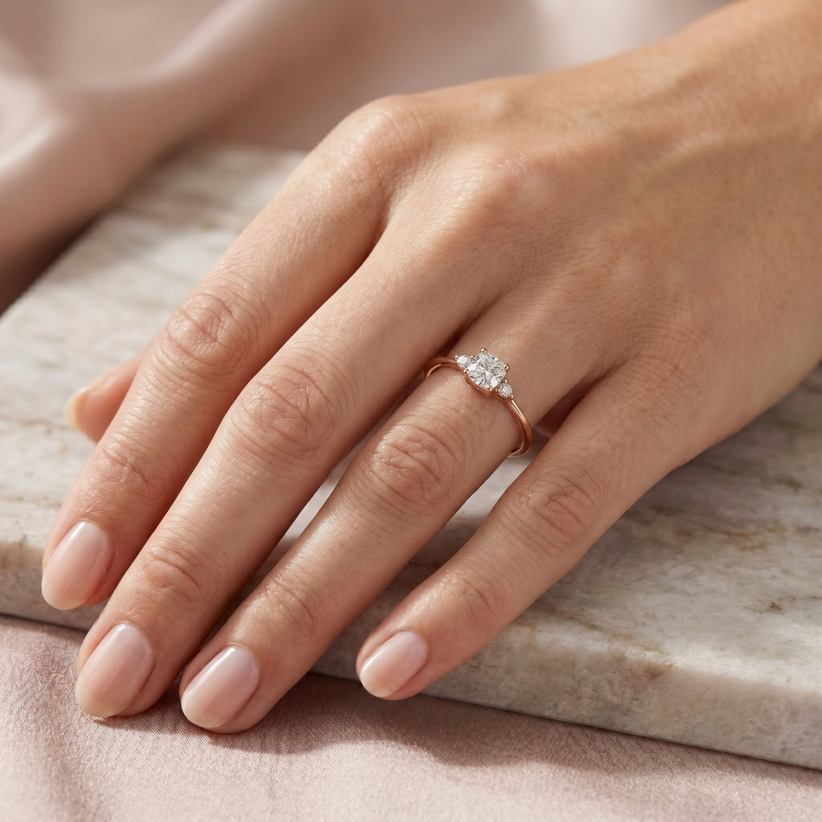 Cushion Cut Three Stone Engagement Ring with Trilliant Sides — lifestyle