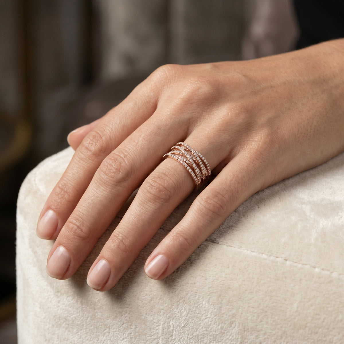 Round Diamond Wide Crossover Pavé Statement Band — lifestyle