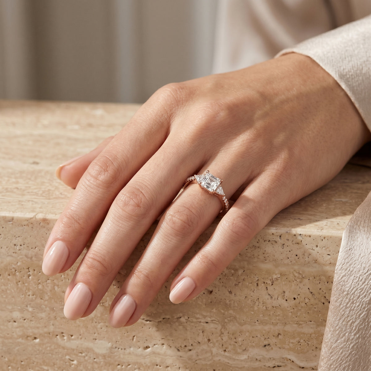 Asscher Cut Three Stone Engagement Ring with Trilliant Sides and Pavé Band — lifestyle