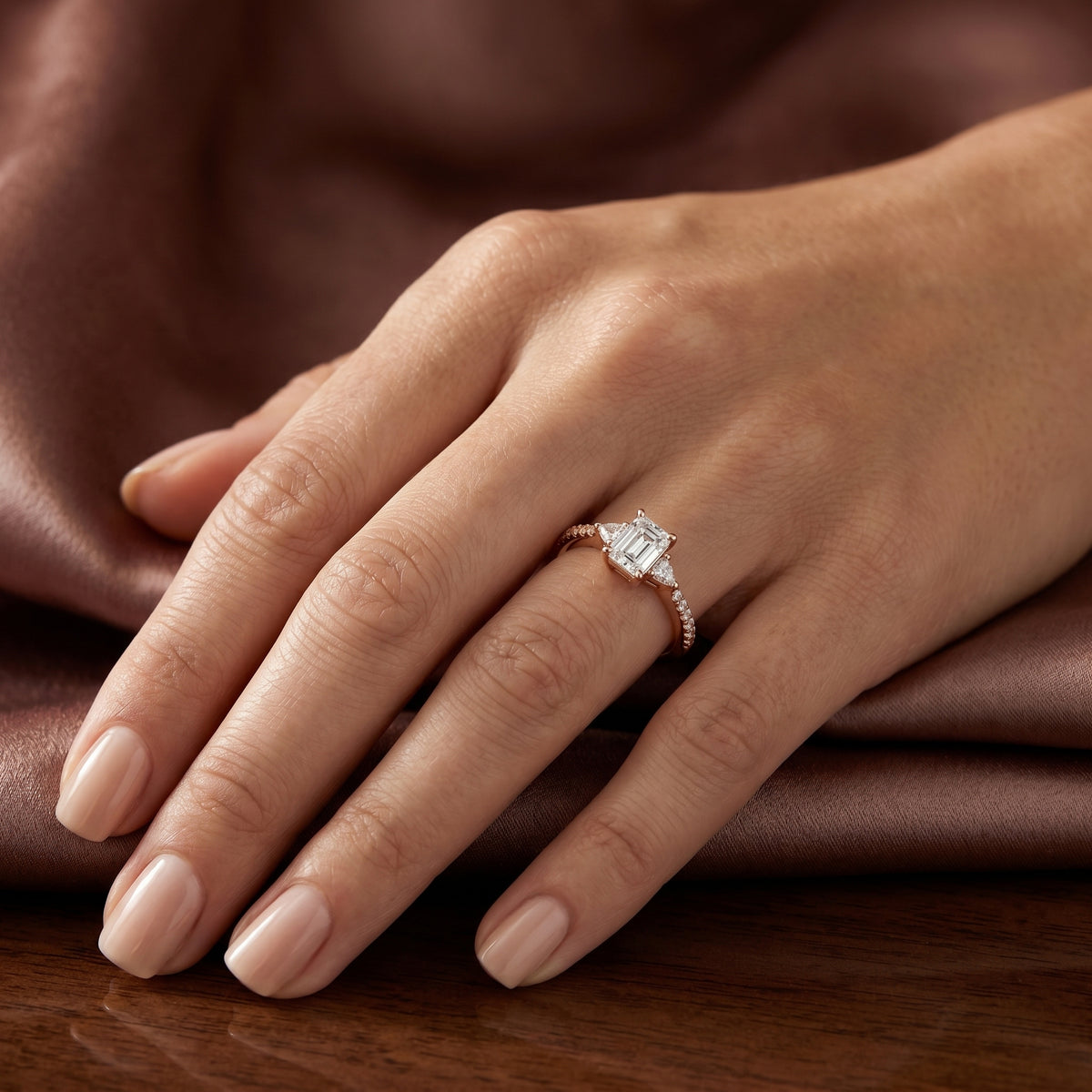 Emerald Cut Three Stone Engagement Ring with Trilliant Sides and Pavé Band — lifestyle
