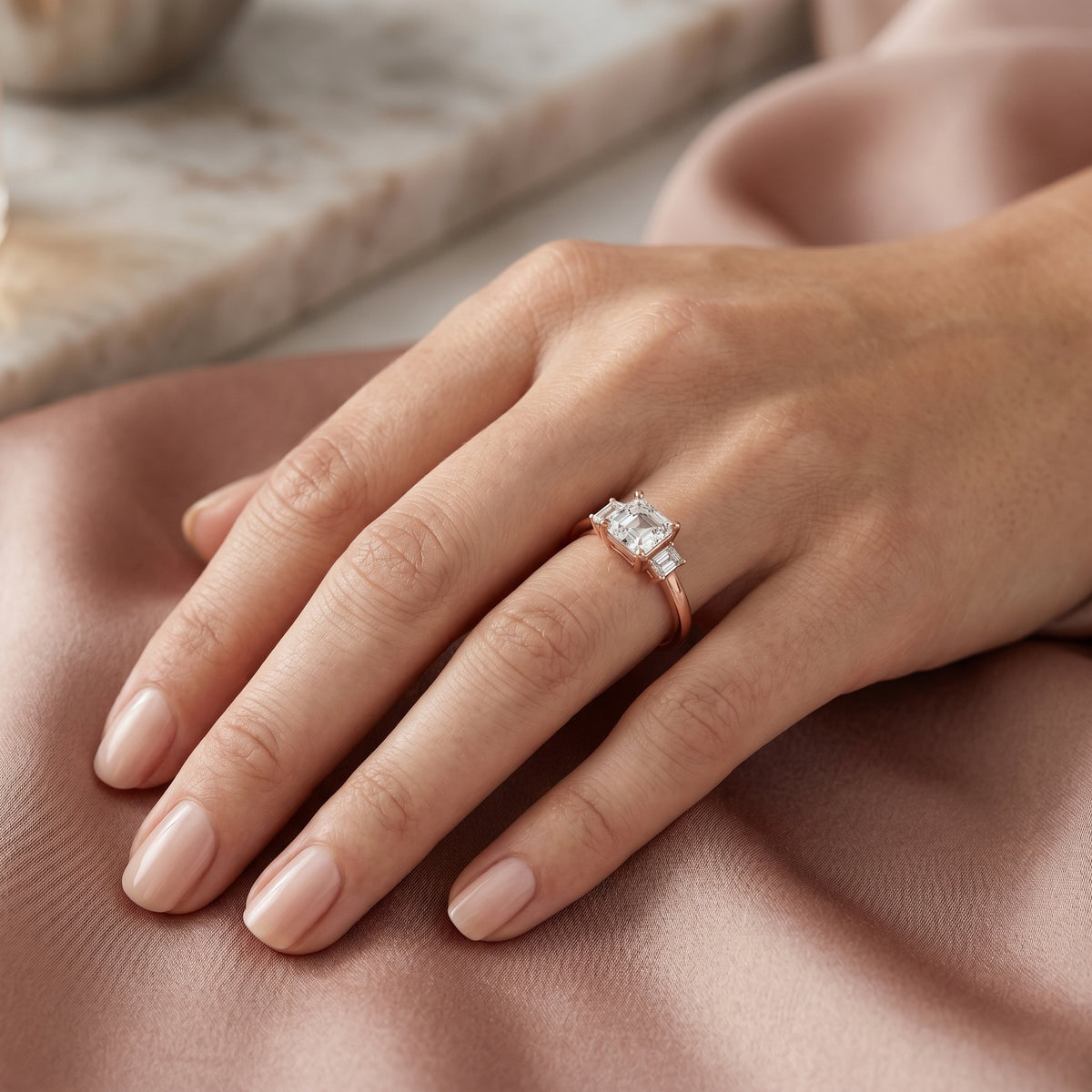 Asscher Cut Three Stone Engagement Ring — lifestyle