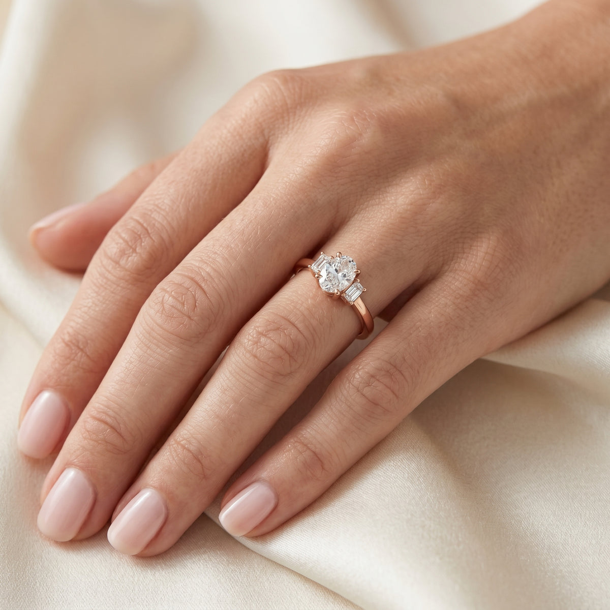 Oval Diamond Three Stone Engagement Ring with Baguette Sides — lifestyle