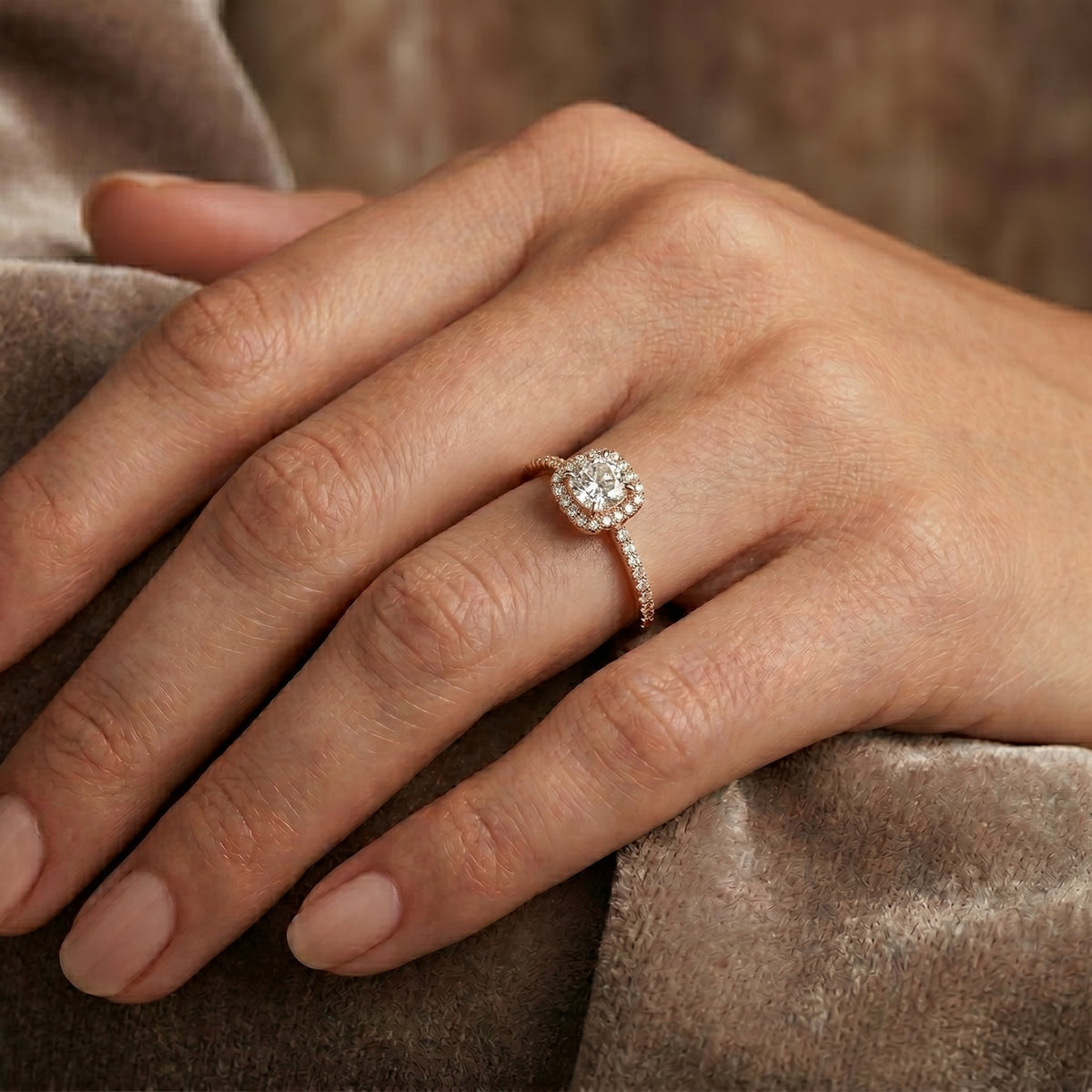 Cushion Cut Hidden Halo Engagement Ring with Cushion Halo and Pavé Band — lifestyle