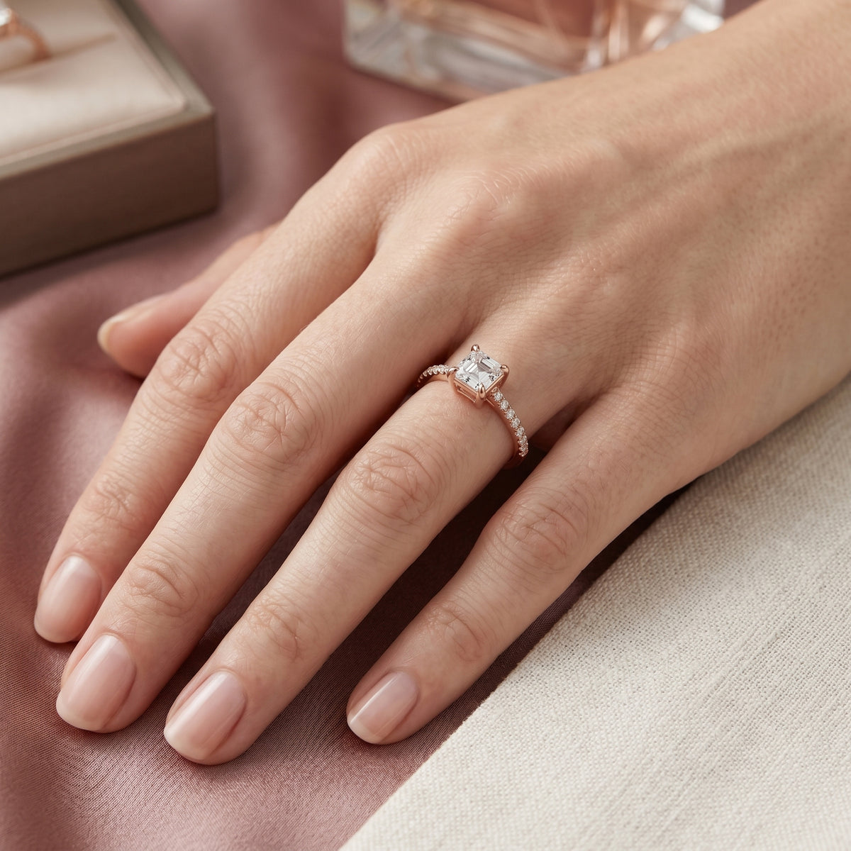 Asscher Cut Engagement Ring with Pavé Band — lifestyle