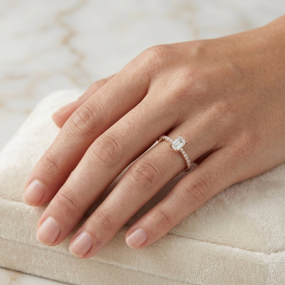 Emerald Cut Engagement Ring with Pavé Chevron Band — lifestyle