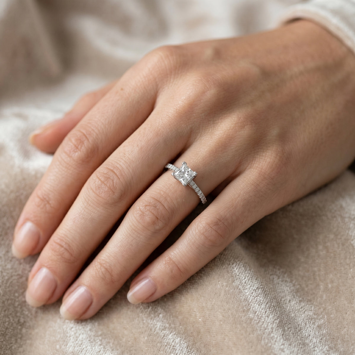 Princess Cut Engagement Ring with Pavé Band