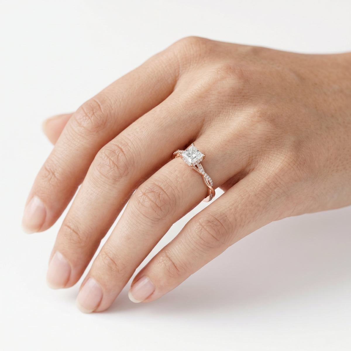 Princess Cut Engagement Ring with Twisted Infinity Pavé Band — lifestyle