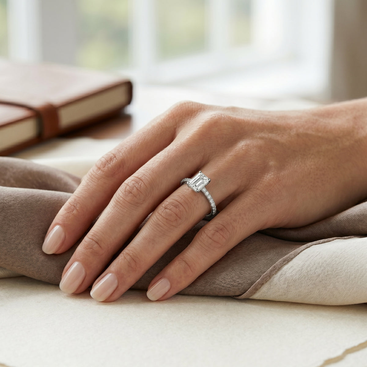 Emerald Cut Engagement Ring with Pavé Band — lifestyle