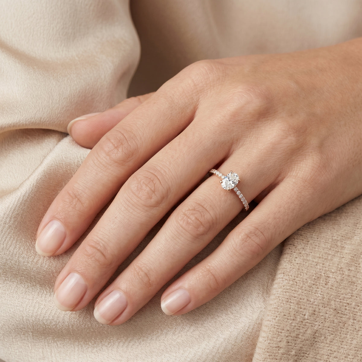 Oval Diamond Engagement Ring with Pavé Band — lifestyle