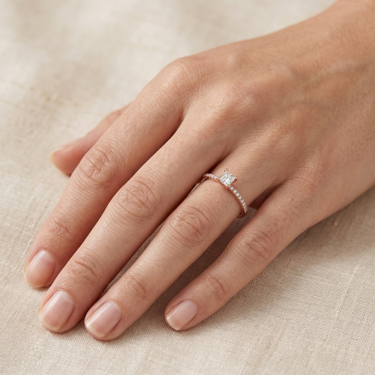 Princess Cut Engagement Ring with Pavé Band — lifestyle