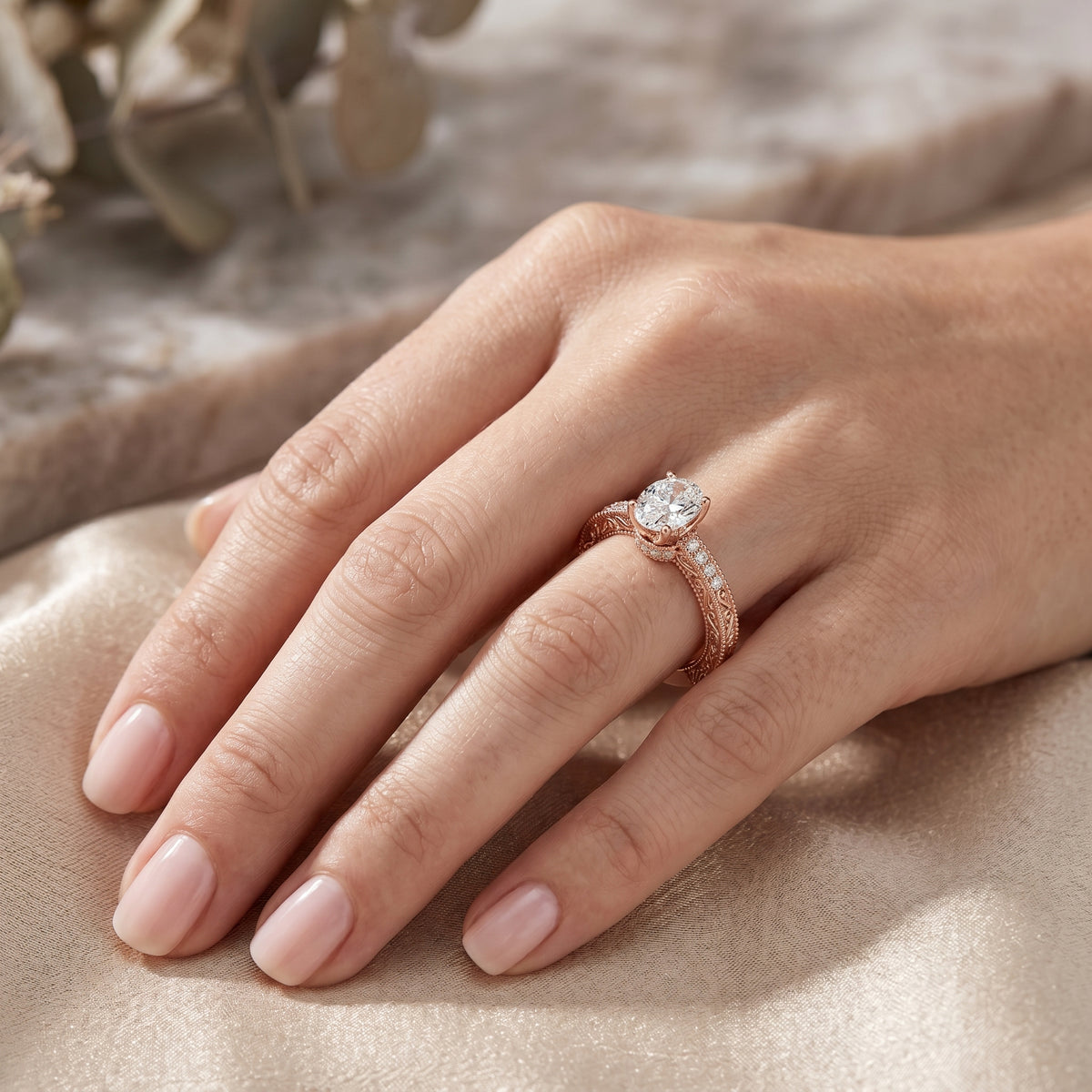 Oval Diamond Engagement Ring with Vintage Milgrain Pavé Band — lifestyle