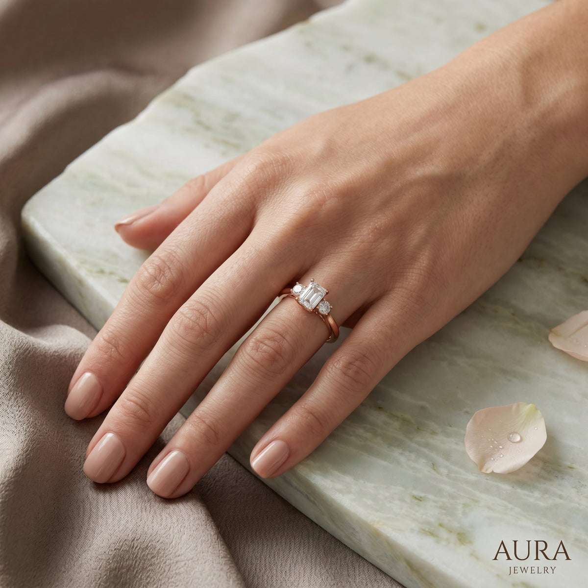 Emerald Cut Three Stone Engagement Ring with Round Sides — lifestyle
