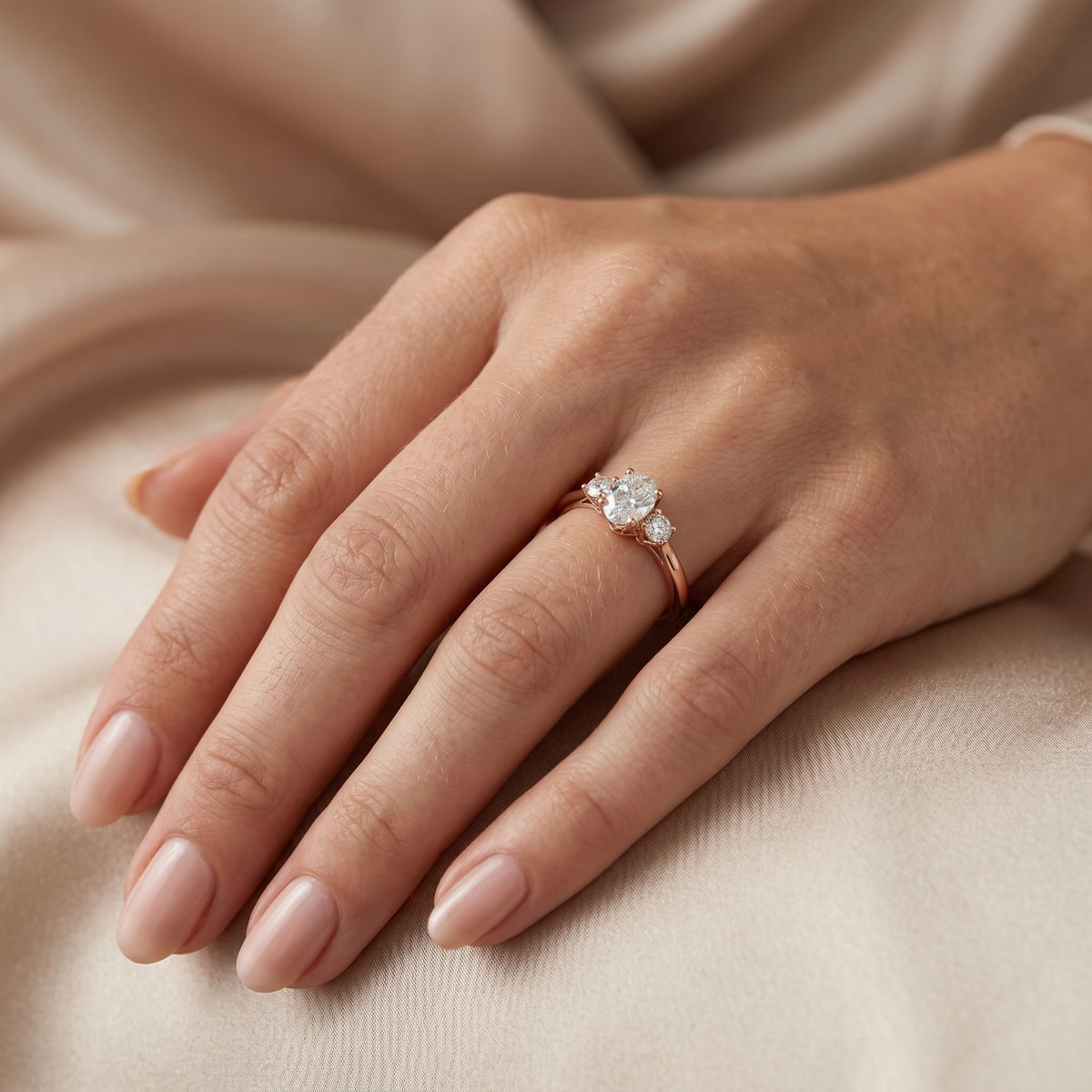 Oval Diamond Three Stone Engagement Ring with Round Sides — lifestyle