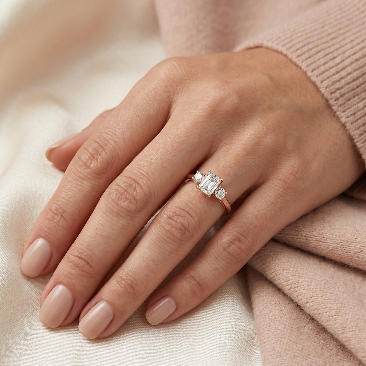 Radiant Cut Three Stone Engagement Ring with Round Sides — lifestyle