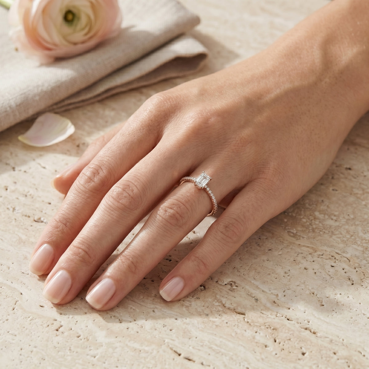 Emerald Cut Engagement Ring with Twisted Vine Pavé Band — lifestyle