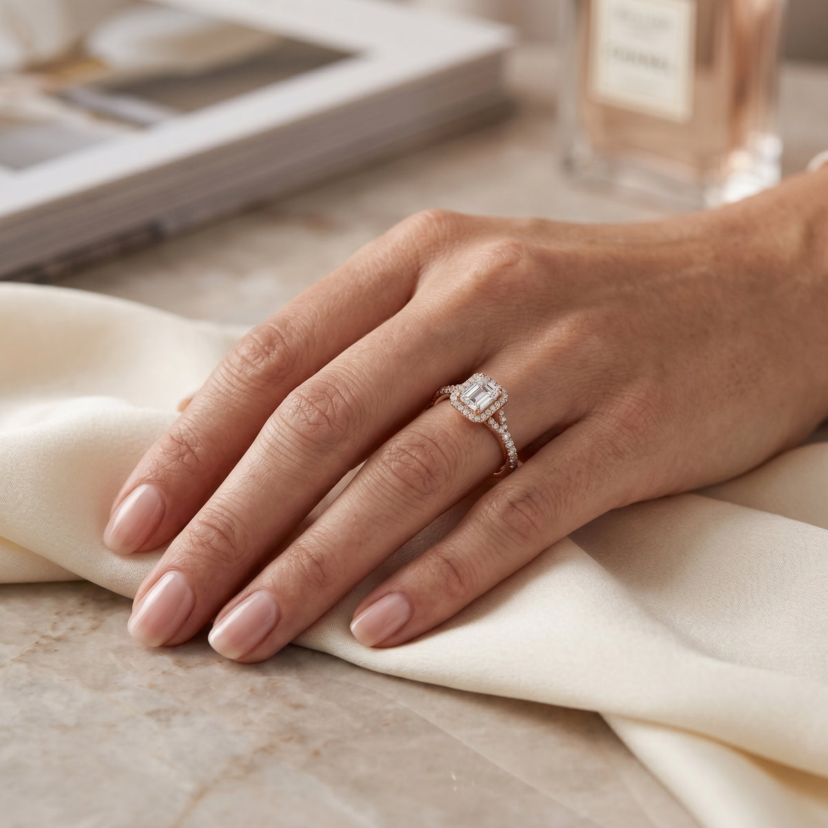 Asscher Cut Halo Engagement Ring with Split Shank Pavé Band — lifestyle
