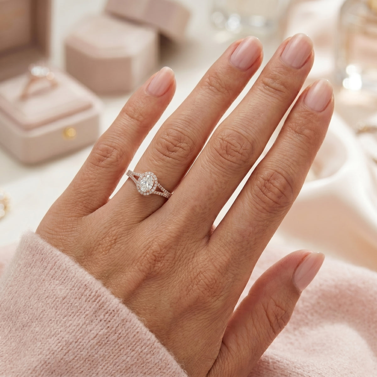 Oval Diamond Halo Engagement Ring with Double Band Split Shank Pavé — lifestyle