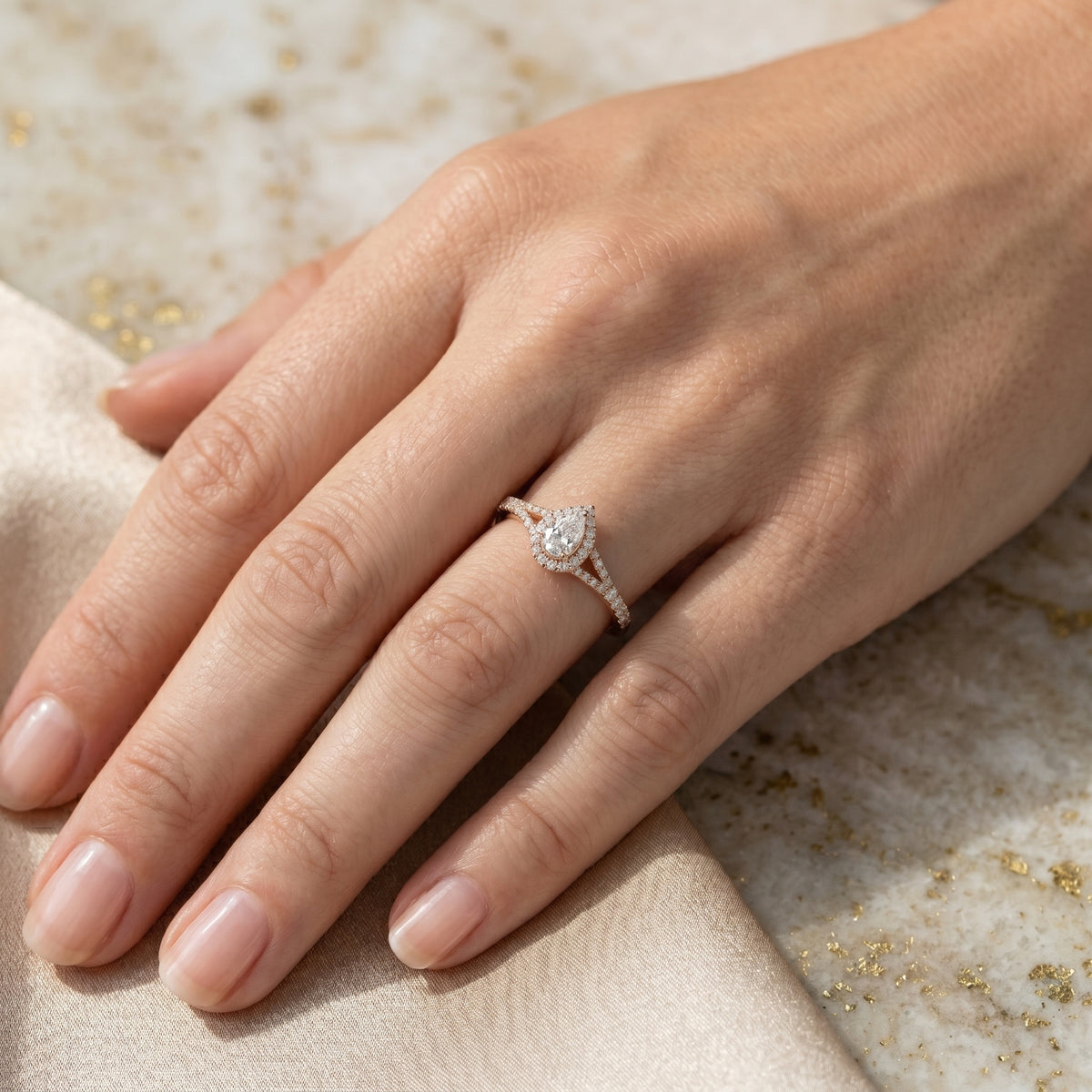 Pear Diamond Halo Engagement Ring with Pavé Band — lifestyle