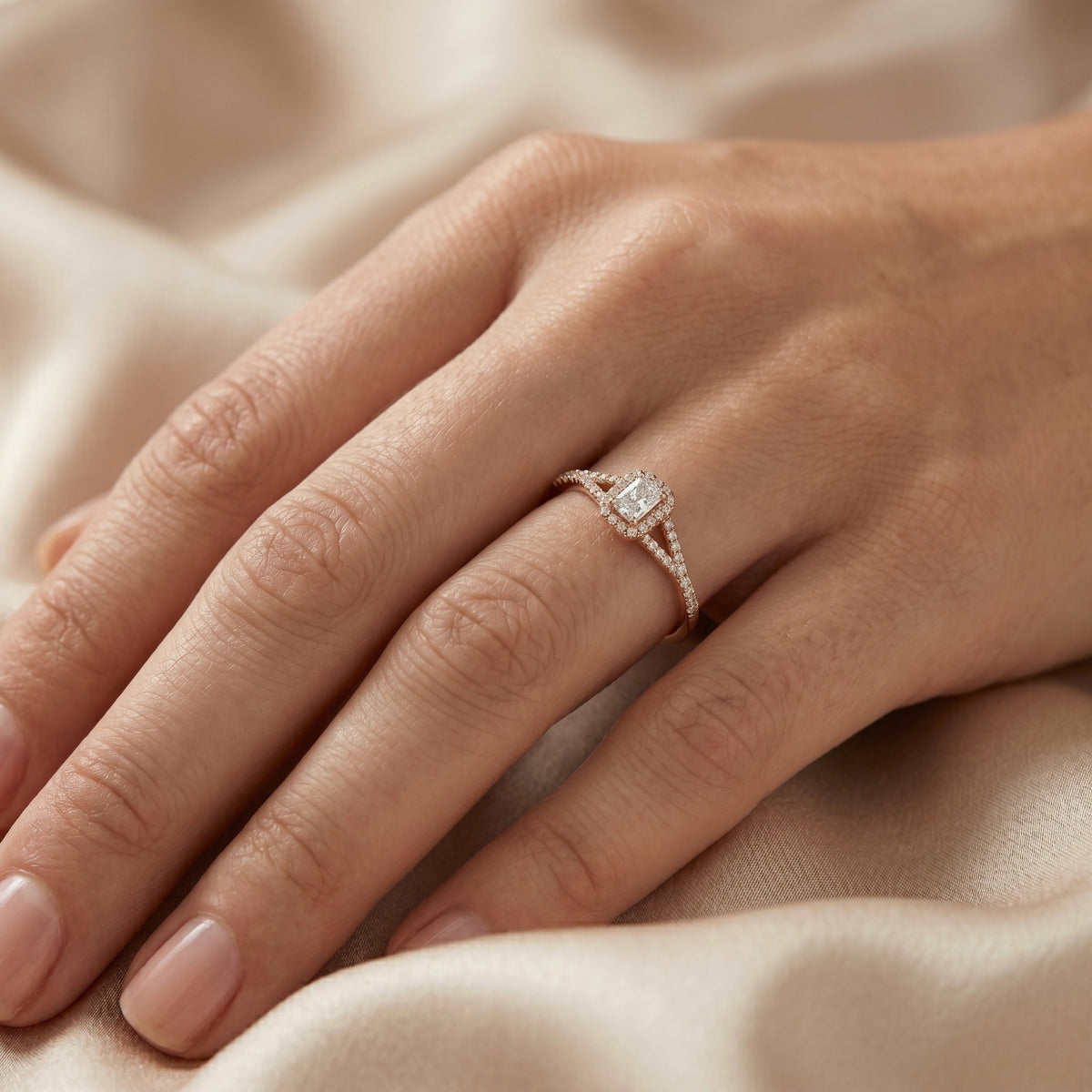 Asscher Cut Halo Engagement Ring with Pavé Band — lifestyle