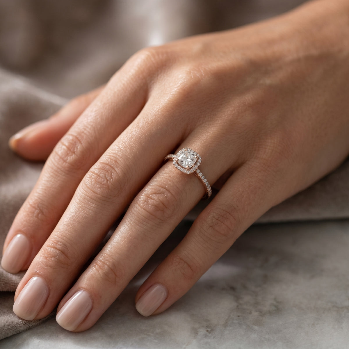 Cushion Cut Halo Engagement Ring with Pavé Band — lifestyle