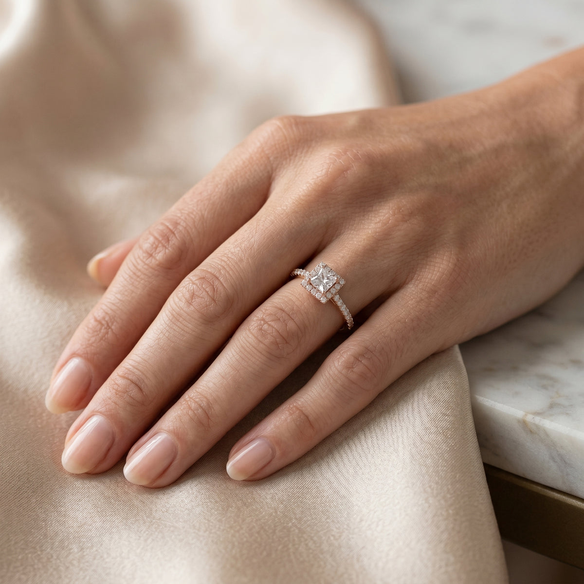 Princess Cut Halo Engagement Ring with Pavé Band — lifestyle