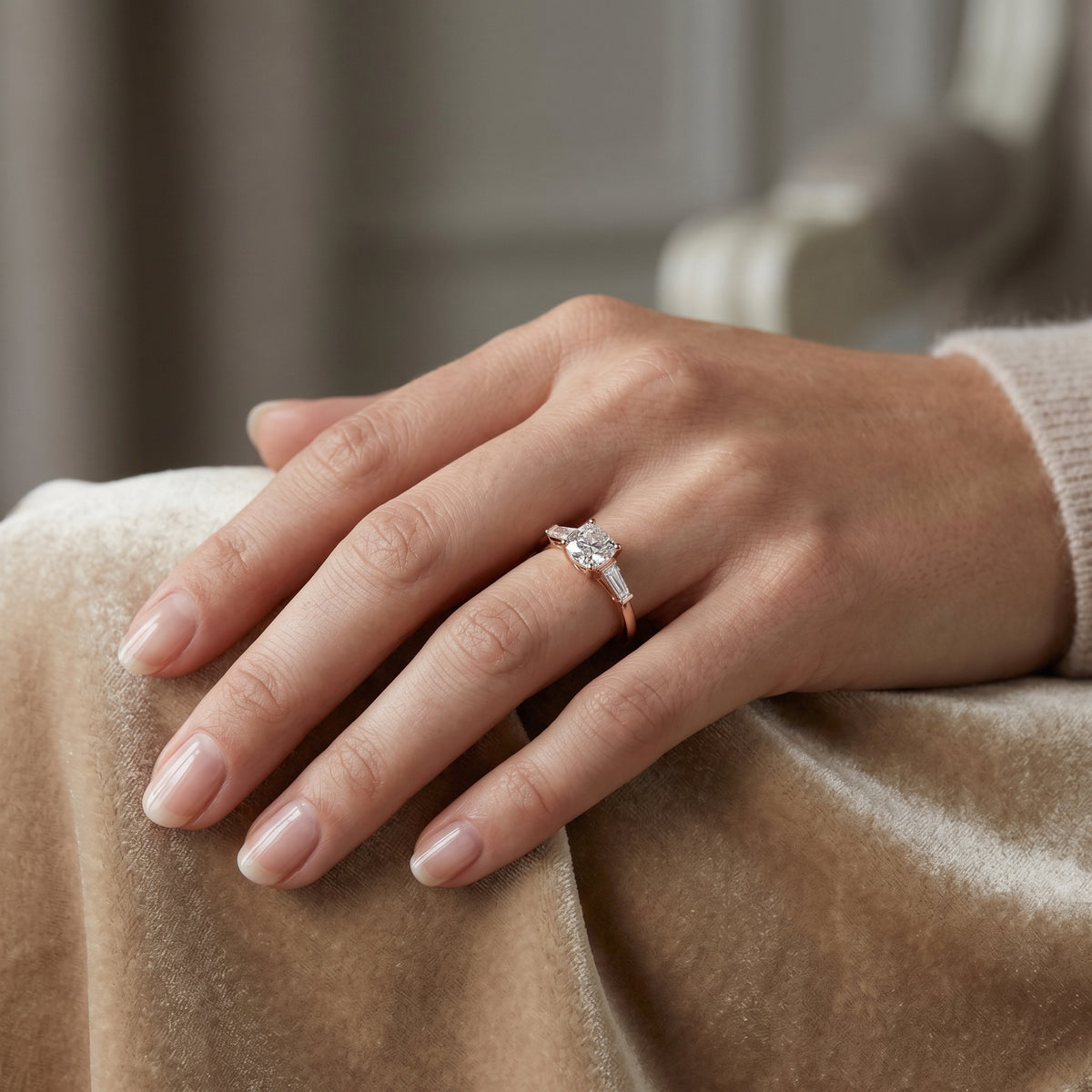 Cushion Cut Three Stone Engagement Ring with Tapered Baguette Sides — lifestyle