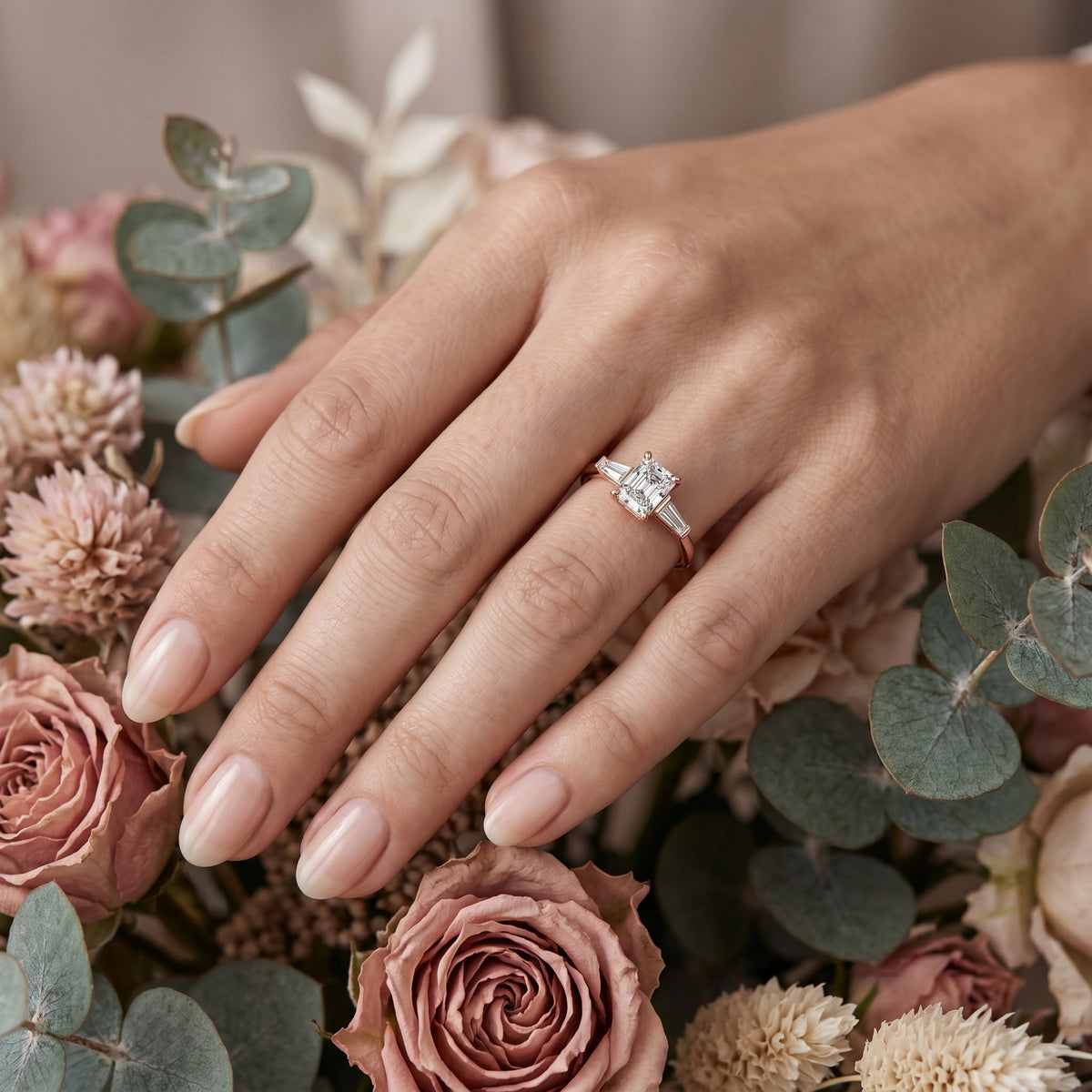 Radiant Cut Three Stone Engagement Ring with Tapered Baguette Sides — lifestyle