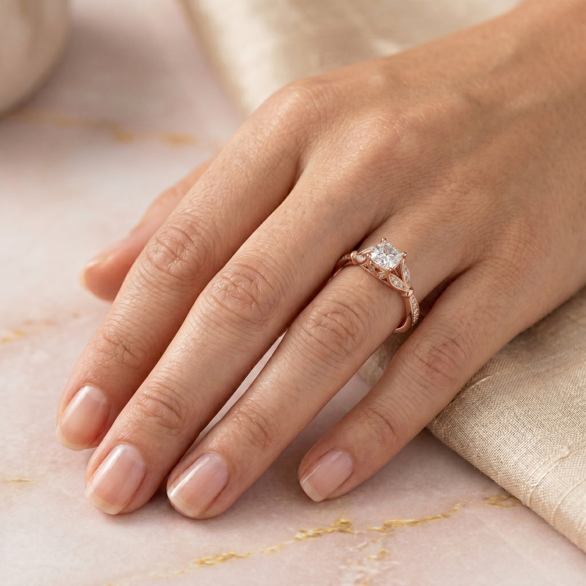 Cushion Cut Halo Engagement Ring with Floral Side Accents — lifestyle