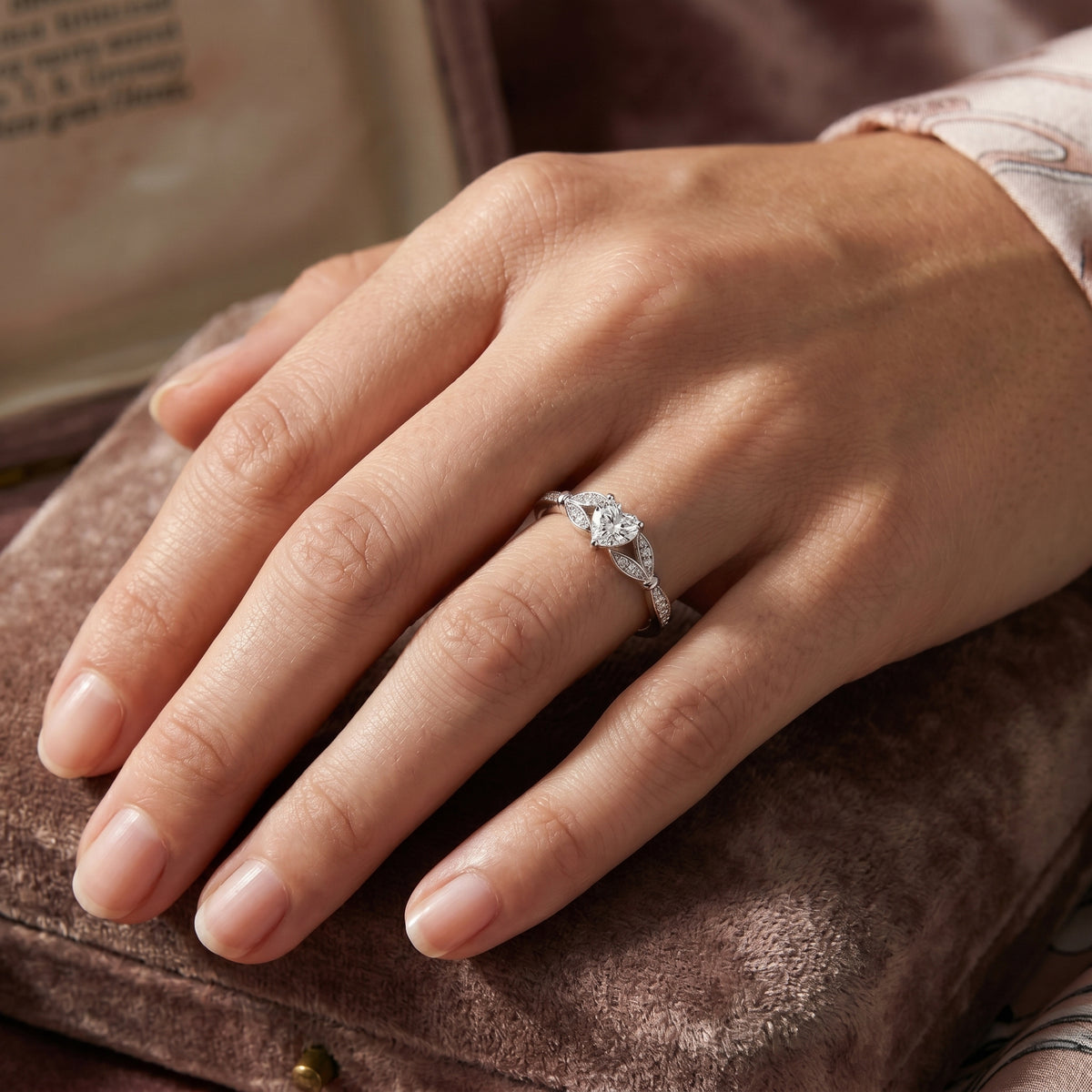 Heart Diamond Engagement Ring with Leaf Side Accents and Pavé Band — lifestyle