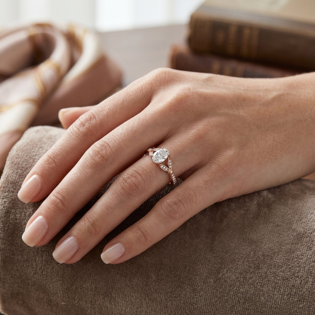 Oval Diamond Engagement Ring with Leaf Side Accents and Pavé Band — lifestyle