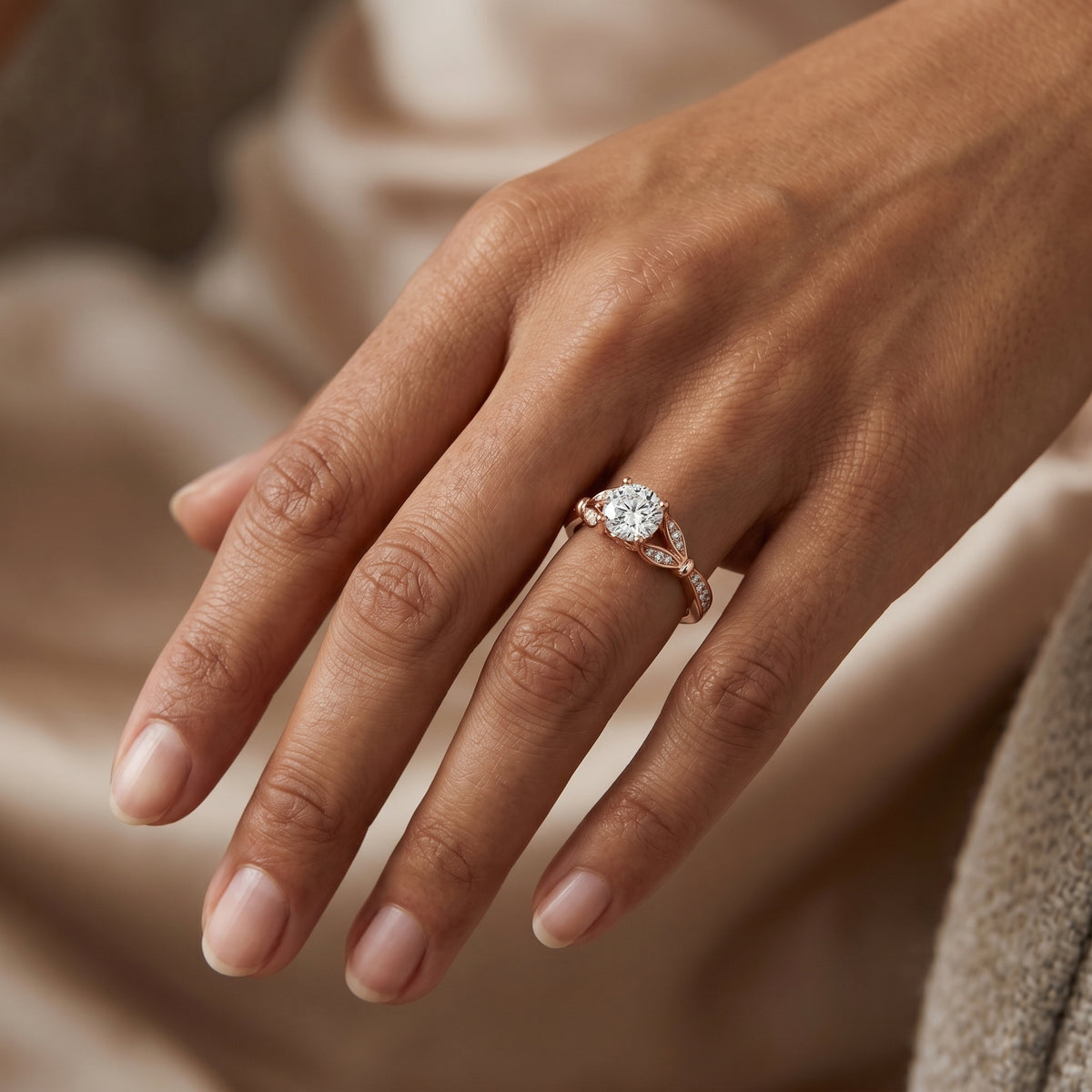 Round Diamond Engagement Ring with Leaf Accents and Pavé Band — lifestyle