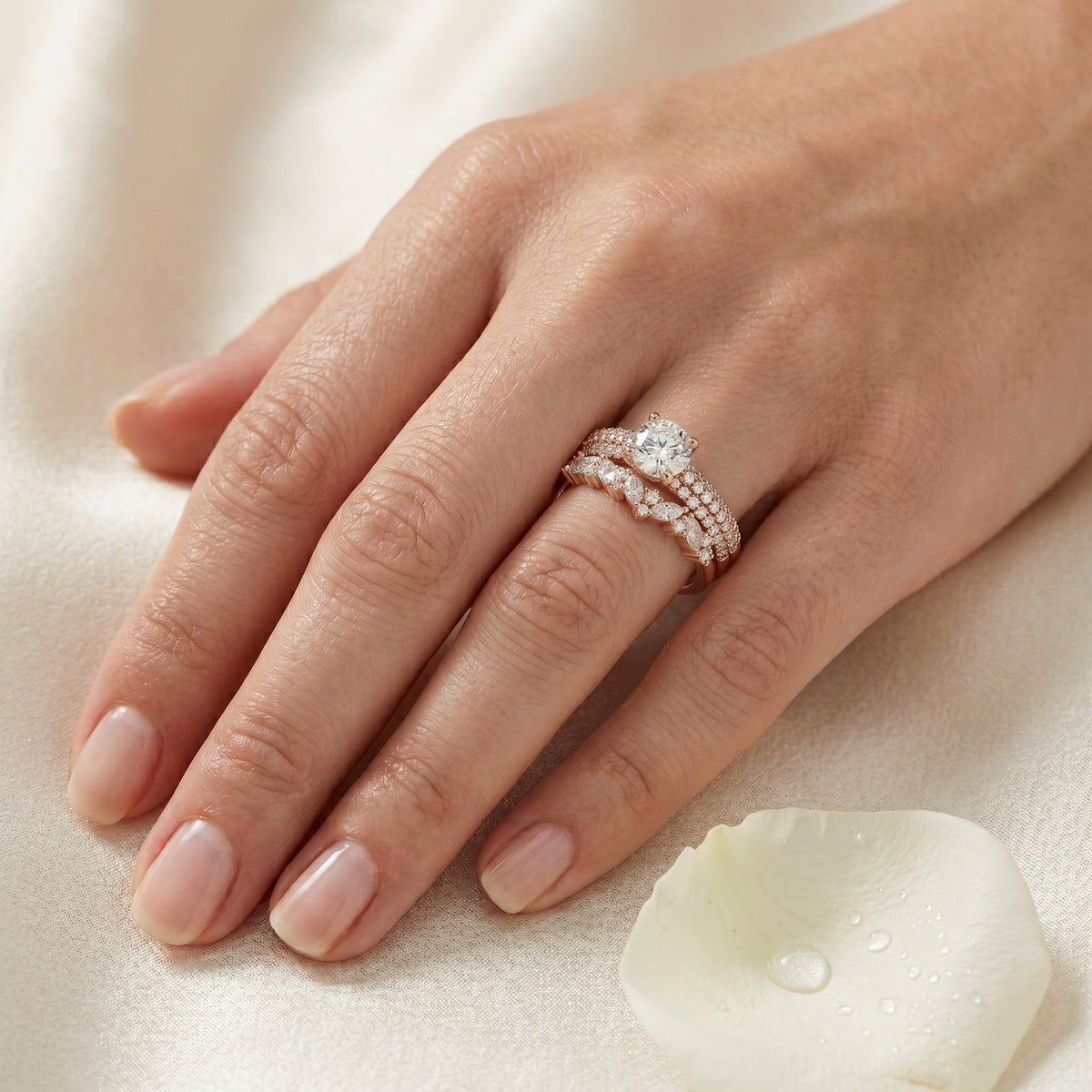 Round Diamond Halo Engagement Ring with Double Pavé Wrap Band — lifestyle