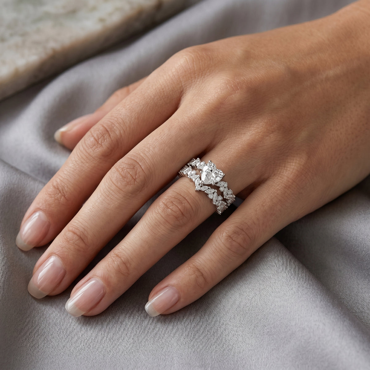 Pear Diamond Engagement Ring with Marquise Vine Cluster Band — lifestyle