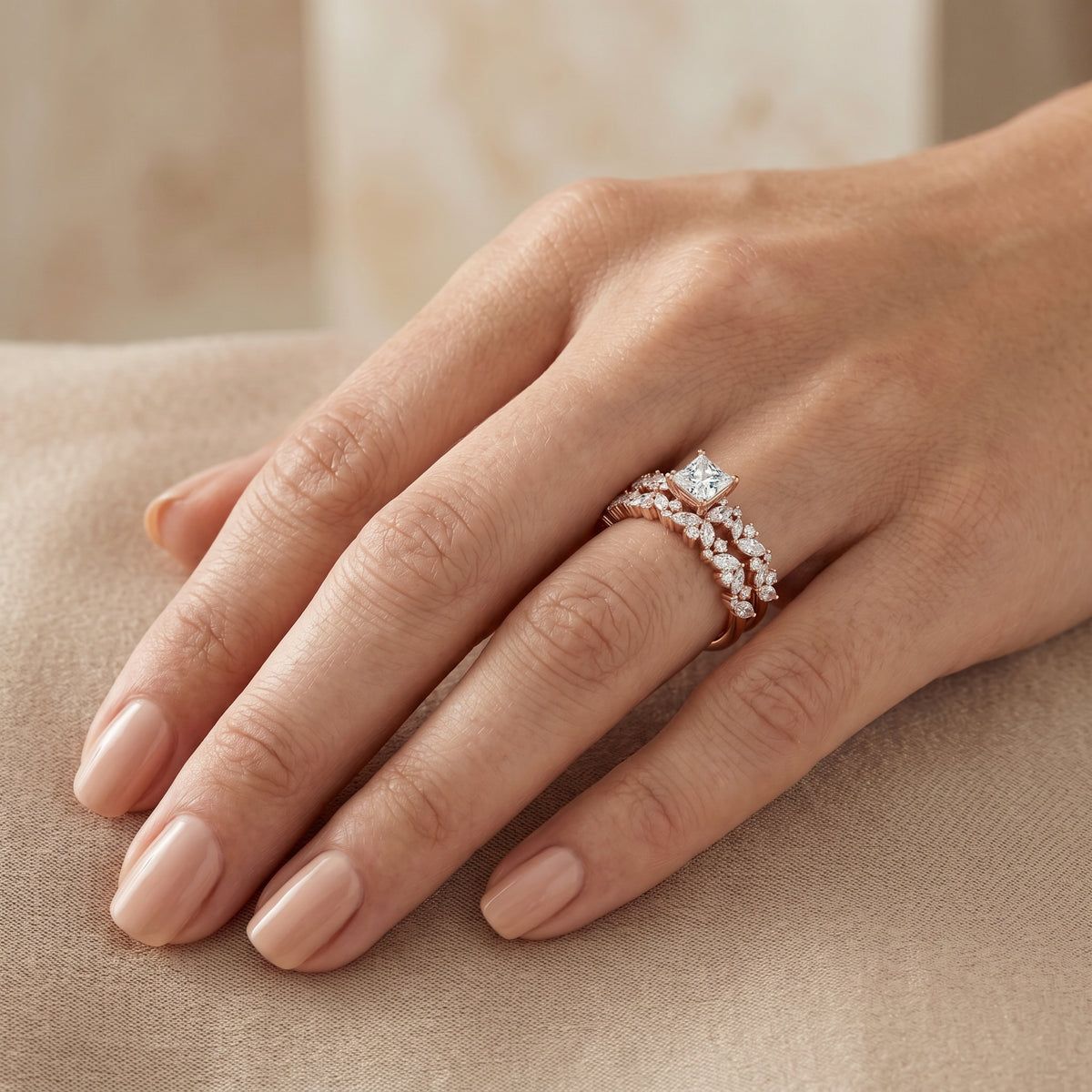 Princess Cut Engagement Ring with Marquise Vine Cluster Band — lifestyle