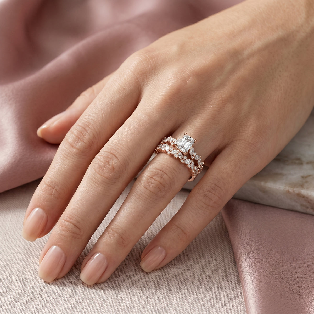 Radiant Cut Engagement Ring with Marquise Vine Cluster Band — lifestyle