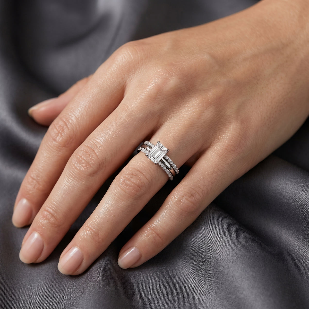 Emerald Cut Engagement Ring with Stacked Double Pavé Band — lifestyle