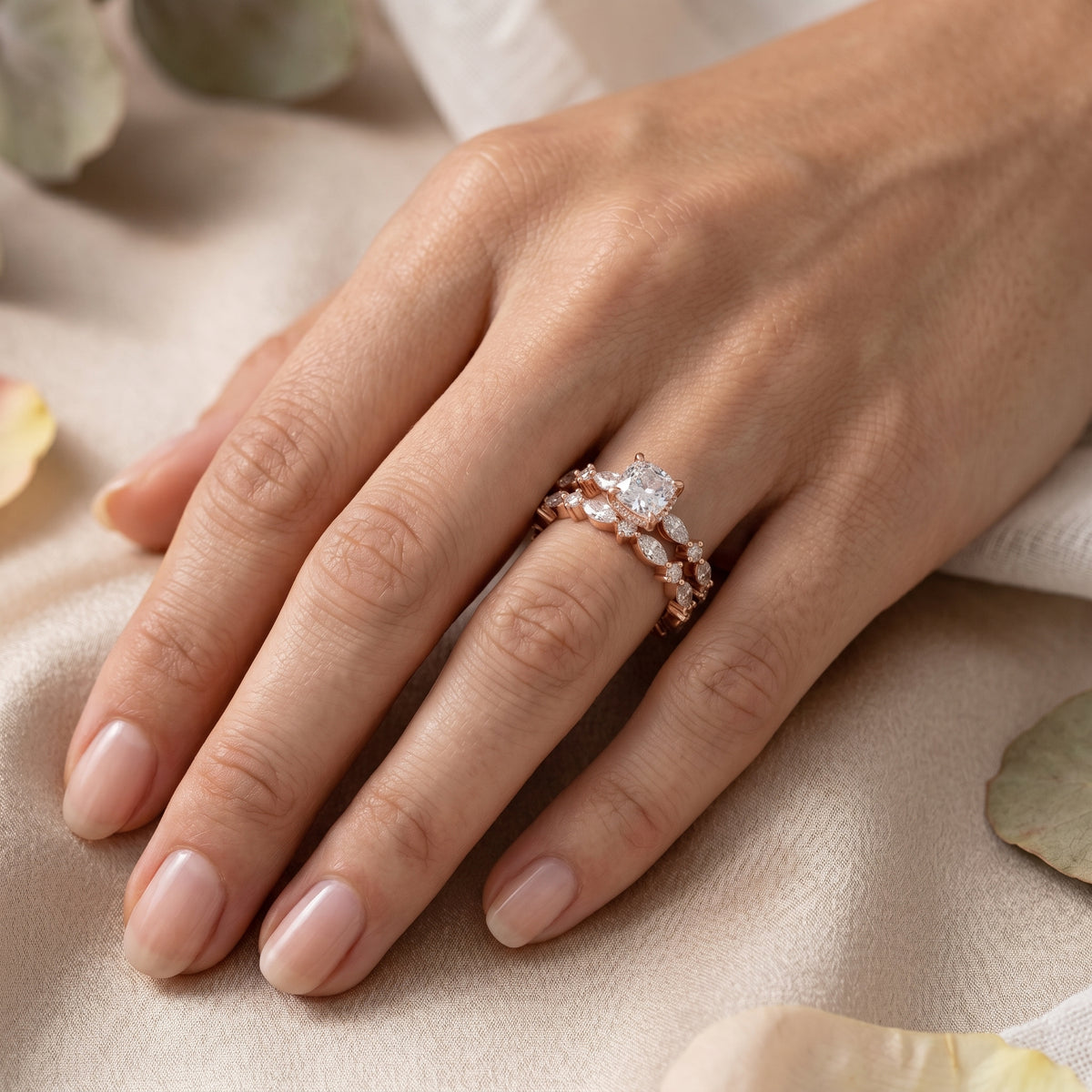 Cushion Cut Engagement Ring with Marquise Vine Cluster Band — lifestyle