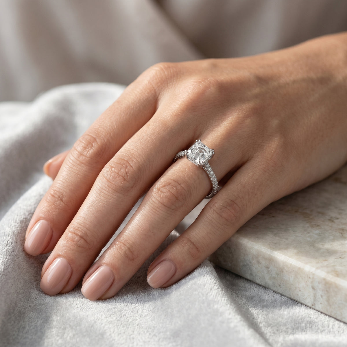 Asscher Cut Engagement Ring with Pavé Wrap Band — lifestyle