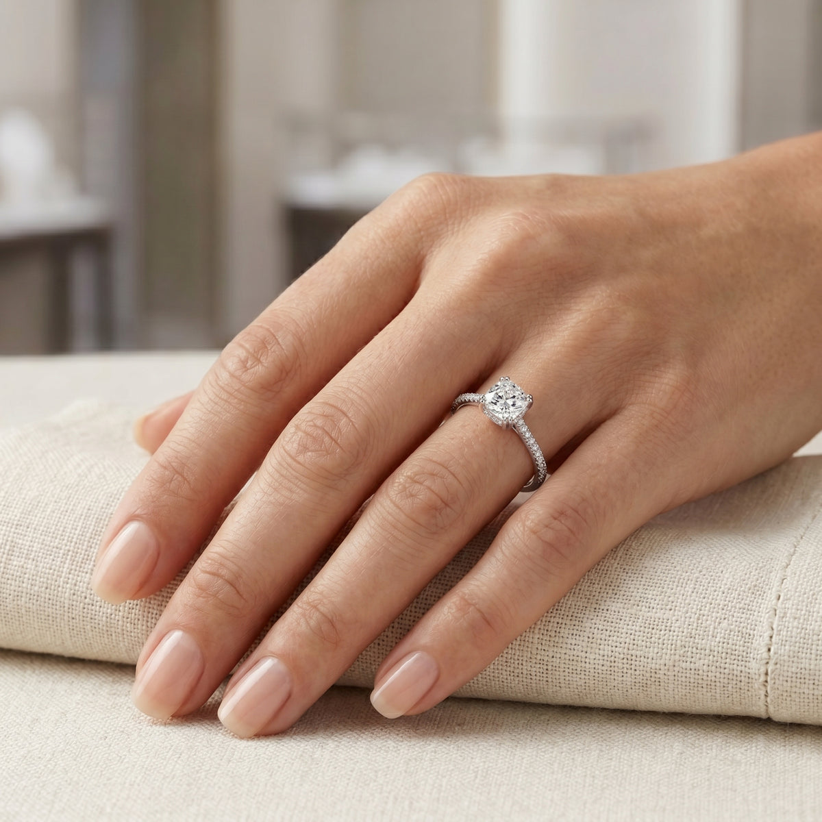 Cushion Cut Engagement Ring with Pavé Wrap Band — lifestyle