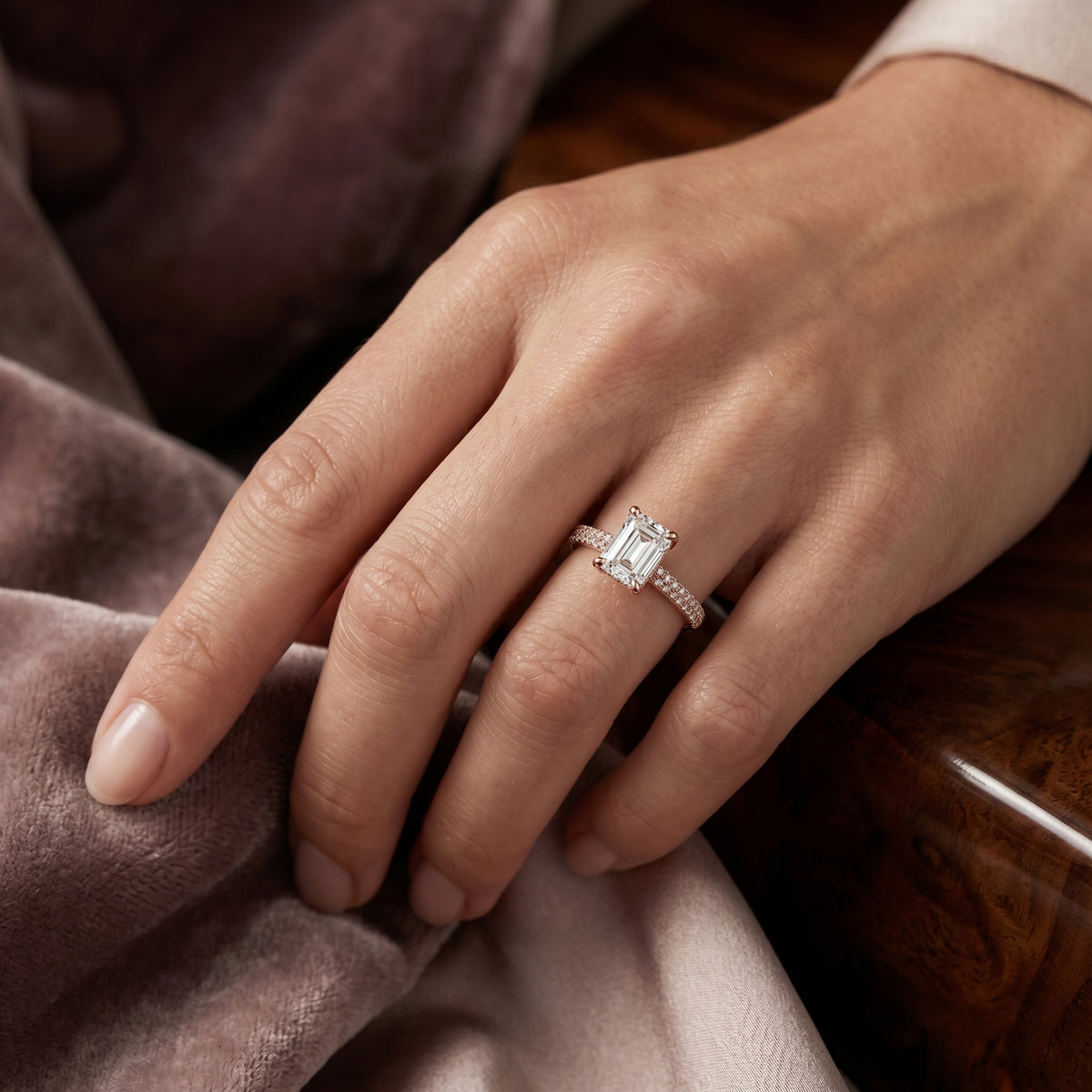 Emerald Cut Engagement Ring with Pavé Band and Cathedral Setting — lifestyle