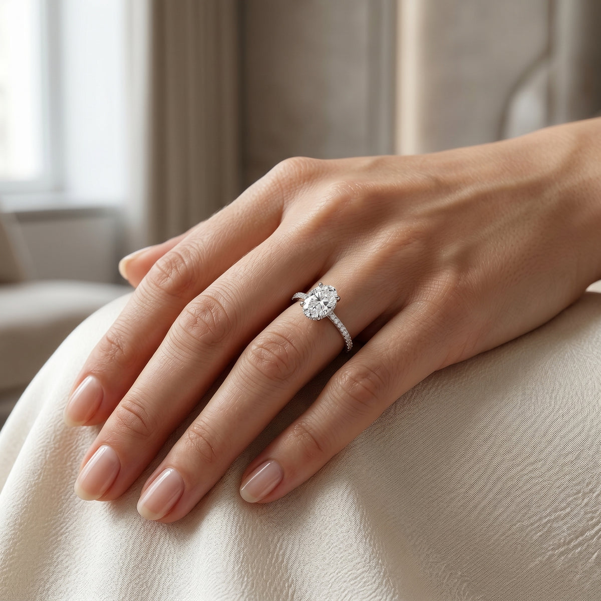 Oval Diamond Engagement Ring with Pavé Wrap Band — lifestyle