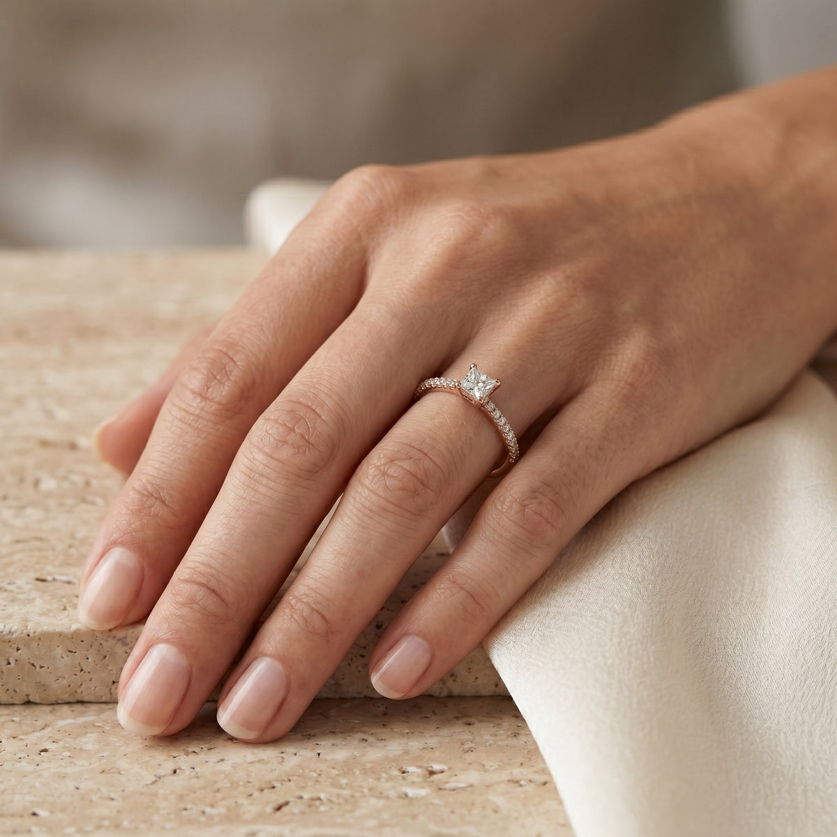 Princess Cut Engagement Ring with Wide Pavé Wrap Band — lifestyle